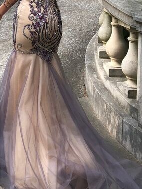 Embellished Nude and Purple Mermaid Evening Dress